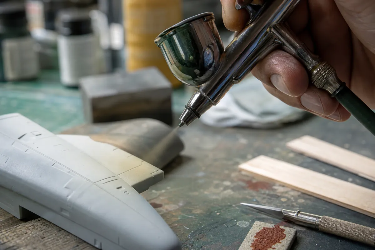 Airbrush med synligt munstycke som lägger en fin färgdimma på en modelldel
