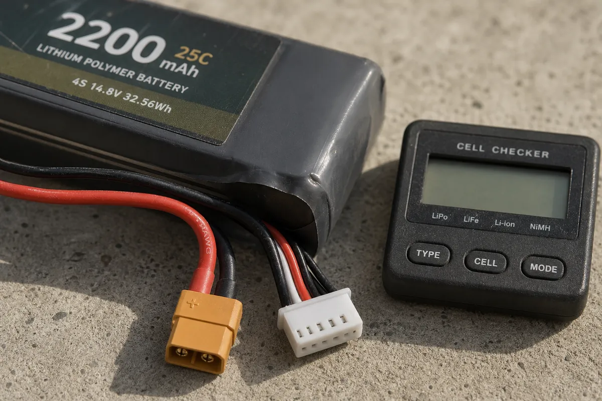 Närbild av ett LiPo-batteri med balanskontakt och kraftkablar på en betongyta